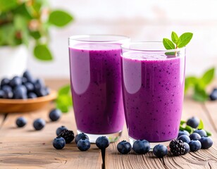 Refreshing healthy purple blueberry smoothie in tall glass with green mint leaf garnish on light wooden table with fresh blueberries around, bright natural background