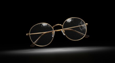Round gold eyeglasses stand out against a black backdrop creating a stark contrast Lenses reflect light