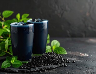 Two tall glasses filled with dark beverages placed on a black textured surface surrounded by fresh green mint leaves and scattered black peppercorns, dark moody background
