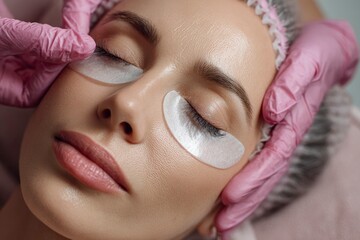 Closeup of a woman getting eyelash extensions with pinkgloved hands positioning undereye patches