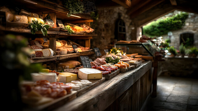 Rustic deli showcasing a variety of cheeses, cured meats, and breads on wooden shelves and counters.  The interior is warm and inviting with natural light filtering through