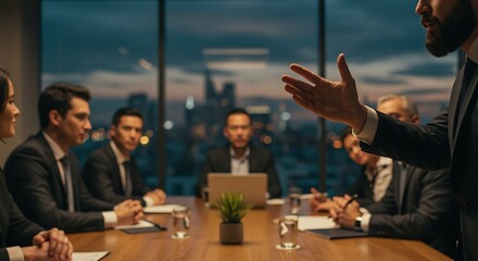 Business Meeting at Night with Cityscape View and Leader Gesturing