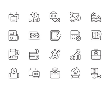 Financial and business line art icons including money coins and charts finance