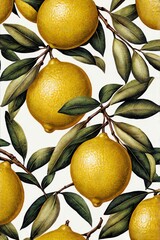 Seamless Pattern Vibrant lemons on branches with green leaves.