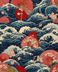 Seamless Pattern Traditional Japanese art with ocean waves.