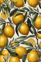 Seamless Pattern Vibrant lemons with lush green leaves.