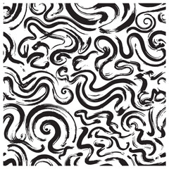 Curved lines pattern. Black paint freehand scribbles, abstract ink background. Brushstrokes, smears, lines, squiggle pattern. Abstract wallpaper design.