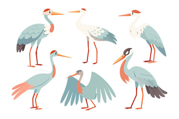 Elegant Cranes: A collection of elegant crane illustrations. The crane features a long neck and legs. This artistic display captures the grace and beauty of the bird species.