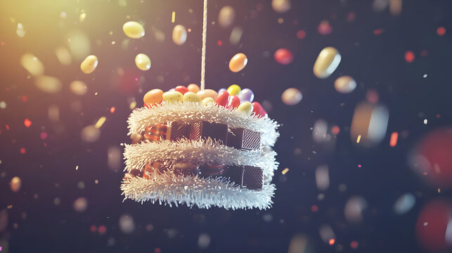 Fluffy, tiered cake ornament, suspended in air, surrounded by colorful candies and confetti.  Fluffy, tiered, cake, suspended, candies, confetti, dark, background, vibrant, colors, festive