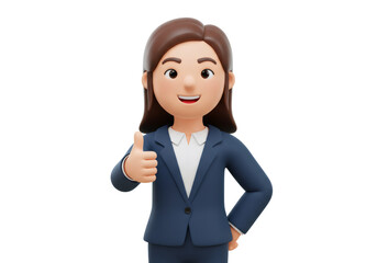 Cartoon Woman in Blue Business Suit Gives a Thumbs Up on Transparent Background