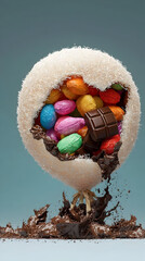 A whimsical, hollow, coconut-like sphere filled with assorted candies and chocolate pieces, sitting atop a dramatic splash of melted chocolate