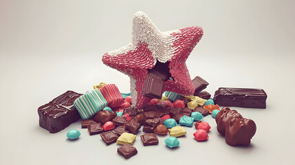A colourful star-shaped confectionary structure, broken open, revealing a cascade of various sweets and chocolates.  The pieces are in vibrant colors and various forms