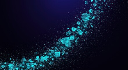 Abstract dark blue background with a curved path of blue geometric shapes and particles