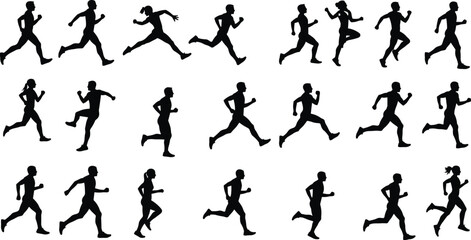 Silhouette of running man and woman, jogging animation sequence, fitness workout illustration, athlete in motion, sports activity, black vector figure on white background