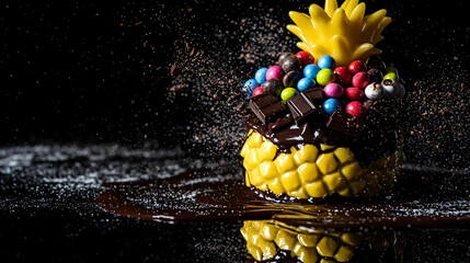 A yellow pineapple dessert, artfully crafted with chocolate, candy, and cocoa powder
