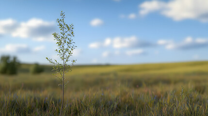 Lonely plant in a vast grassy field under a partly cloudy sky