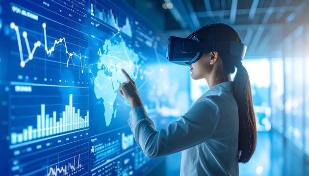 Woman in VR interacting with global data displays