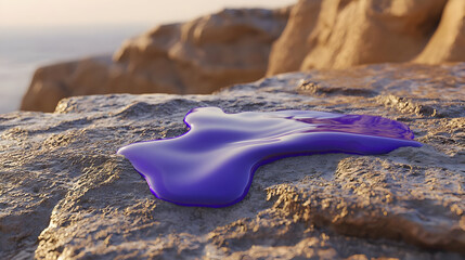 Purple liquid puddle on rough rocks by ocean