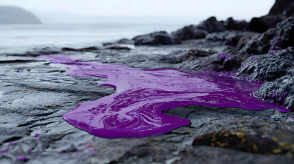 Purple liquid spills onto gray rocks near the ocean.  A  viscous, flowing substance blankets the shoreline
