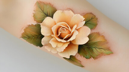 Detailed, realistic, light peach rose tattoo with shaded, green leaves.  A delicate, 3D effect