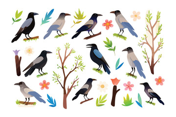 Naklejka premium Crows and Nature's Embellishments: A collection of elegantly illustrated crows are perched amidst a vibrant scene of natural elements, creating a harmonious portrayal of nature and life.