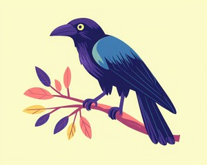 Fototapeta premium Friendly cartoon raven perched on a branch looking colorful. Bright and contrasting flat design for a whimsical bird character.