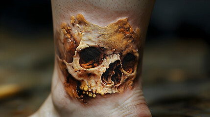Realistic skull tattoo on ankle, detailed 3D effect.  Faded, aged look, with textured skin surrounding