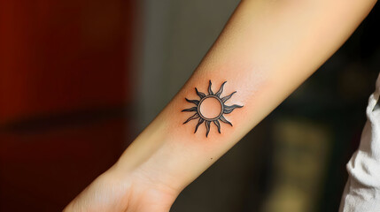 Small sun tattoo on a person's forearm.  Simple black ink design of a sun with radiating rays.  Light-skinned arm
