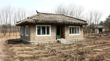 Simple rural dwelling with straw roof and mud walls.  Small home nestled in a rural field