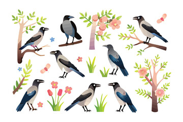 Illustration of Carrion Crow in the Nature: A collection of illustrated carrion crows, perched amidst delicate floral trees and lively plants, captures the essence of nature's splendor.