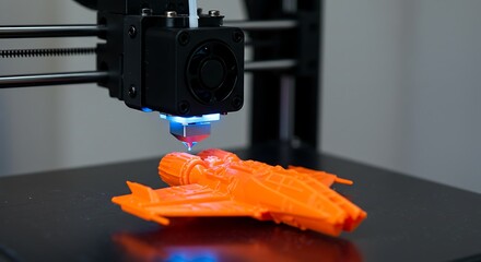 Close-up of orange spaceship being printed by a 3D printer with blue light