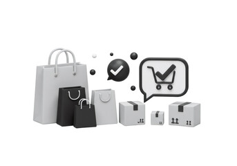 White Shopping Bags with Boxes and Cart Icon on a Transparent Background