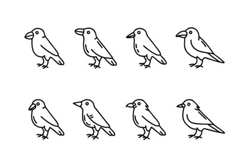 Raven Sketch: A group of eight hand-drawn raven sketches are shown in a row. The Raven sketches have a unique style. Perfect for illustrations, decorations, and design. 