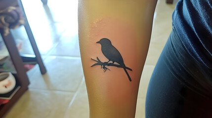 Simple black silhouette tattoo of a bird perched on a branch on forearm