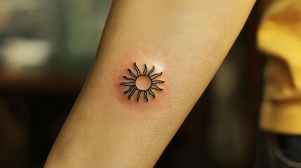Small, simple sun tattoo on the forearm.  A minimalist design with thin black lines forming a circular sunburst