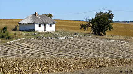 Small thatched-roof house sits on a hill overlooking a harvested cornfield.  Dry, parched landscape stretches out under a clear blue sky