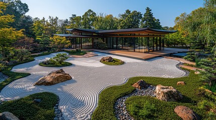 Modern Zen garden with sand raked patterns and lush greenery