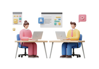 Pink and Yellow Cartoon People at Desks Working on Laptops with Transparent Background