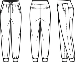Black and white CAD flat vector illustration women’s cardigan with patch pockets and ribbed trims, front and back view fashion technical sketch