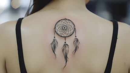 Small dream catcher tattoo on a woman's back.  Delicate, intricate design of a dream catcher, with a circle hoop and three feathers hanging down.  Dark shading enhances the tattoo's details