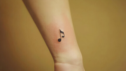 Tiny music note tattoo on the wrist.  A simple, black musical note is delicately inked on a light-skinned wrist.  The tattoo appears fresh and small