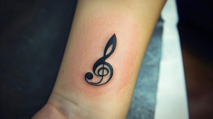 Small treble clef tattoo on wrist.  Simple, black ink design of a treble clef positioned on the inside of the wrist.  Faded light pink skin surrounding the tattoo
