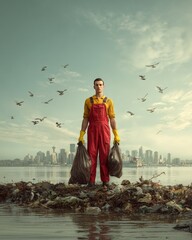 Man cleaning trash near city skyline with birds flying overhead