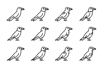 Symbolic Crow Ensemble: A minimalistic collection of a dozen outlined crows, each rendered with clean, crisp lines. This composition showcases artistic simplicity in an orderly layout.