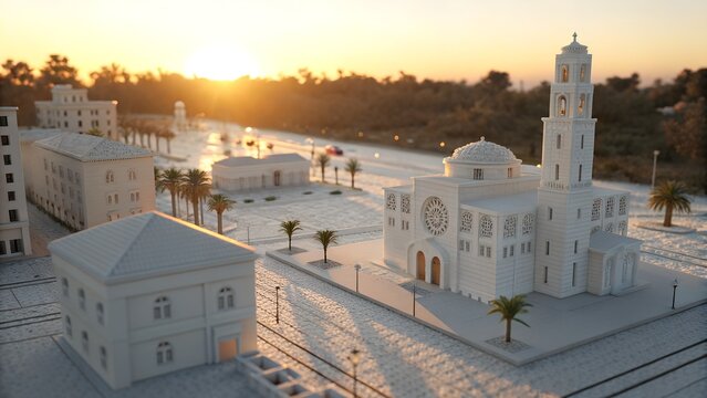 A detailed miniature city model featuring a white church and palm trees under a warm sunset, showcasing architectural design