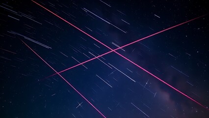Double-exposure night sky with intersecting vibrant meteor trails, representing celestial events.