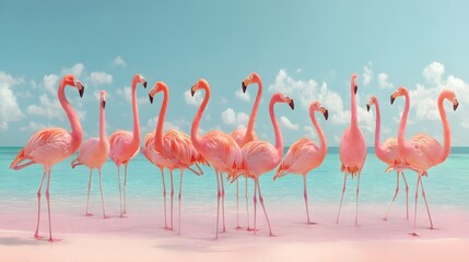 Fototapeta premium Pink flamingos stand on a pink beach.