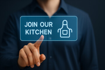 Man pressing virtual join our kitchen button with glowing apron icon, recruitment concept for chef, cooking team, culinary staff
