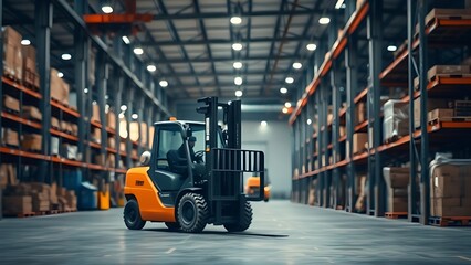 Naklejka premium Industrial warehouse scene with forklift loader, logistics theme and blurred background.