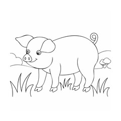 Pig standing in grassy field with trees animal farm